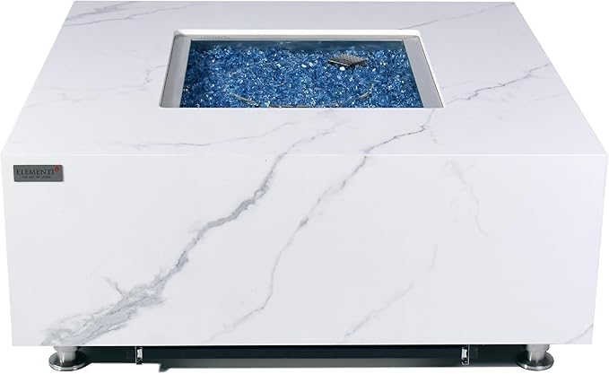 Elementi+ | Bianco Gas Fire Pit | Marble Porcelain & Metal Frame | 40" Square Fire Table | Electronic Ignition | Canvas Cover, Fire Glass & Burner Lid Included | White | Propane Gas