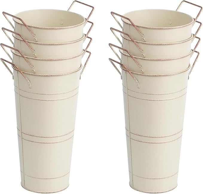 Notakia 10.62 Inch Galvanized Metal Vases Farmhouse French Flower Bucket Vases for Cut Flowers for Home Decor and Wedding Table Centerpiece Decorations (Medium Beige 8Pcs)