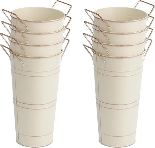 Notakia 10.62 Inch Galvanized Metal Vases Farmhouse French Flower Bucket Vases for Cut Flowers for Home Decor and Wedding Table Centerpiece Decorations (Medium Beige 8Pcs)