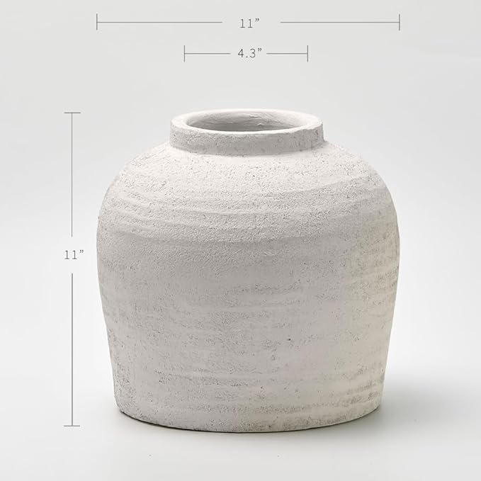 LB2 White Ceramic Large Vase, 11" Tall Zen Style vase, Terra Cotta Pitcher Vase, Distressed Farmhouse Decor, Pottery Decorative Flower for Home Decor (B - White 11")