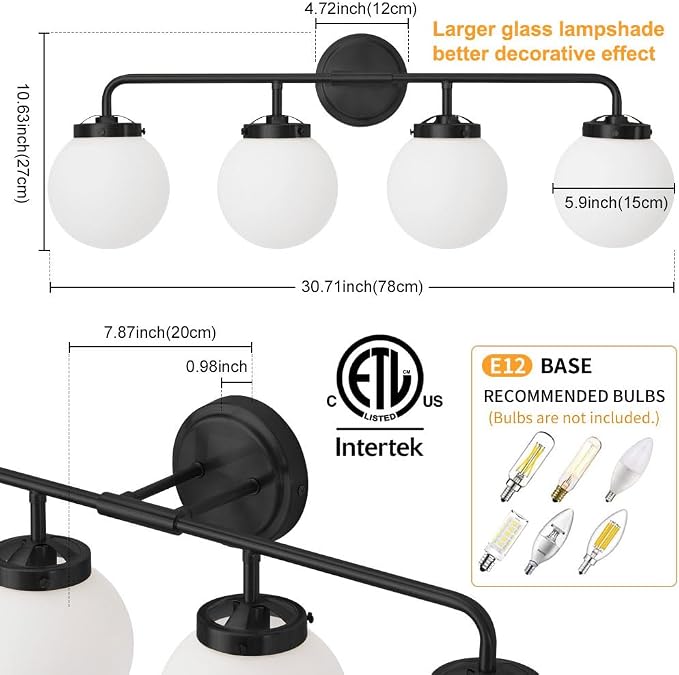 Bathroom Light Fixtures Over Mirror, 4-Light Matte Black Vanity Lighting with Milk White Glass Globe Shades Modern Wall Sconce