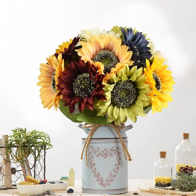 Multicolor Artificial Sunflower Flowers Long Stem Large Silk Sunflowers Bridal Wedding Bouquet 6pcs Fake Yellow Flower Arrangements for Outdoor