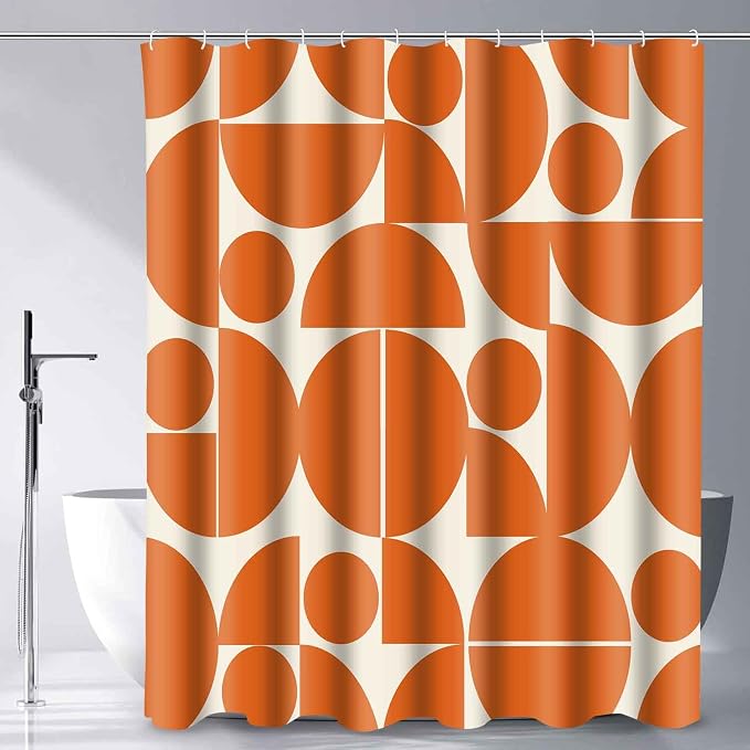 Vintage Orange Mid Century Modern Shower Curtain Boho Abstract Geometric Art Shower Curtains for Bathroom Decor 72x84 Inch 70s 80s Retro Washable Fabric Bathroom Set with 12 Hooks