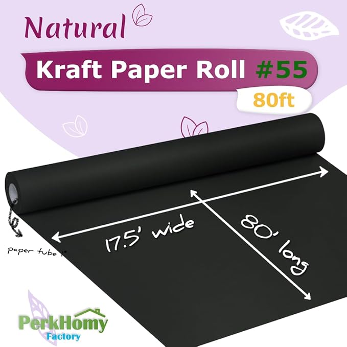 PerkHomy Kraft Paper Roll for Gift Wrapping Bulletin Board Craft Art Bouquet Flower Packing Moving Shipping Floor Covering Table (Black, 17.5" x 80')