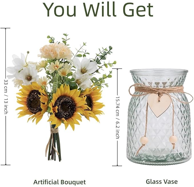 Artificial Flowers with Glass Vase, Fake Flower Bouquet Faux Sunflower in Vases for Home Dcor Flowers Modern Home Decor Table Decorative Flower Vase for Dinner Office Bedroom, Yellow