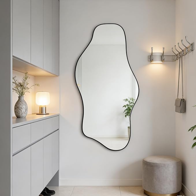 Irregular Wall Mirror, 47.2"x24" Asymmetrical Tempered Glass Mirror, Frameless Organic Shaped Mirrors for Entryway Bedroom Living Room Bathroom, Horizontal or Vertical Hanging