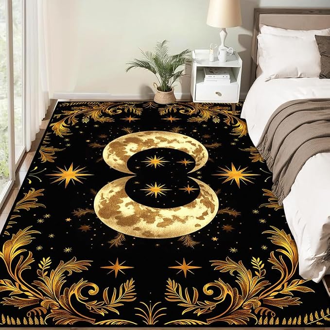 Sun Moon Star Area Rug 3'x5' Golden Boho Carpet Non-Slip Washable Low Pile Floor Mat for Entryway Bedroom Living Room Nursery Playroom Classroom Home Decor