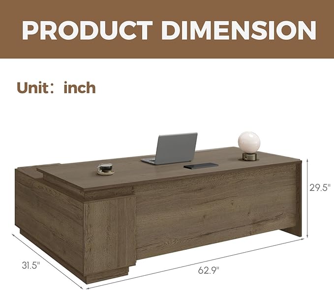 L-Shaped Executive Desk with Reversible Cabinets, Lockable Drawers & Cable Management – Large Wood Office Desk for Home or CEO Office(Walnut,63" L*32" W*30" H)