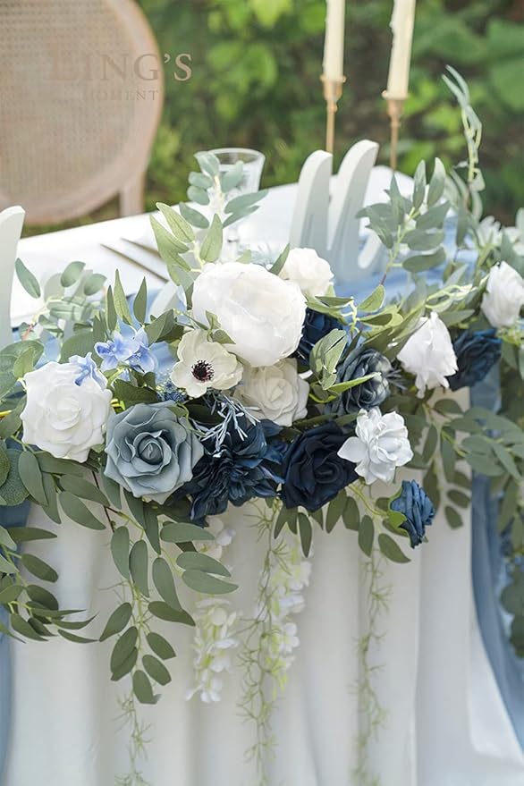 Ling's moment 9FT Spring Flower Garland- Wedding Arch Flowers for Backdrop Decoration, Eucalyptus & Rose, Artificial Floral Garland for Mantle - Sweetheart Head Table Decor for Reception, Dusty Blue