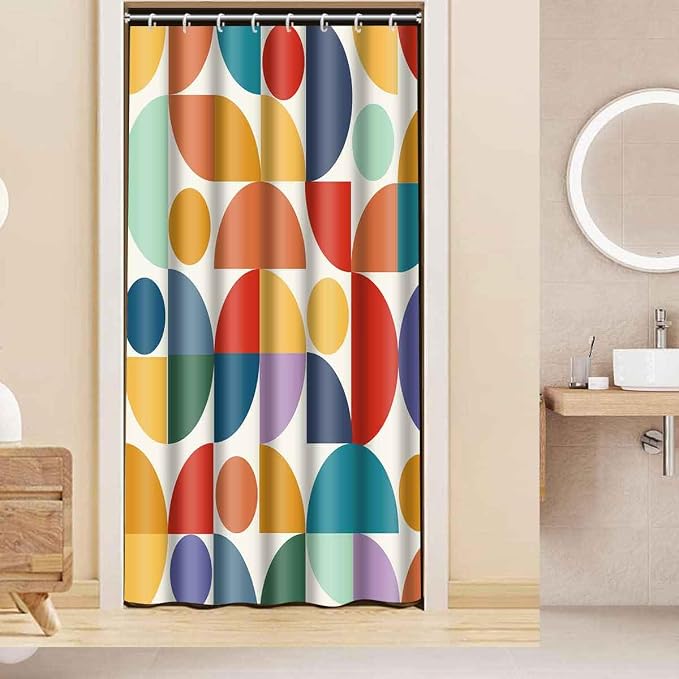 Vintage Colorful Rainbow Mid Century Shower Curtain Modern Abstract Geometric Art Bathroom Curtain Decor 48x72 Inch Washable Fabric Bright Retro Boho Circle Patterned Bath Curtain with 8 Hooks
