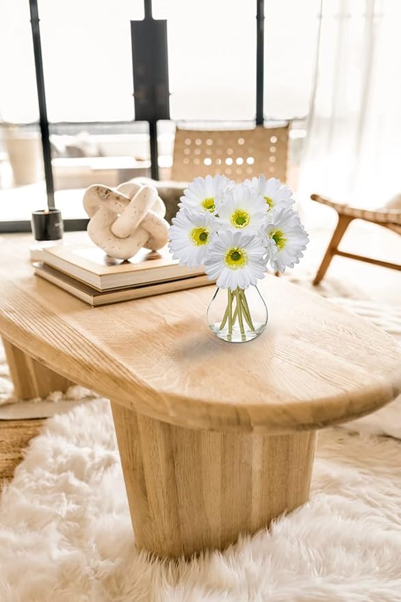 Briful Gerbera Daisy Artificial Flowers, Fake Daisy Flowers in Glass Vase with Faux Water,Real Touch Silk Faux Flowers with Stems for Home Bookshelf Tabletop Bathroom Decorations,White