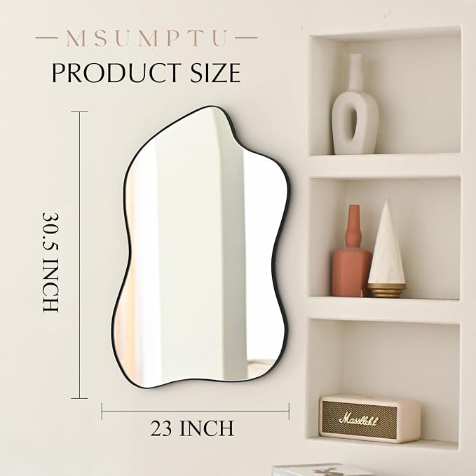 Irregular Wall Mirror Black Wave Shaped Metal Framed Wall Mirror for Bathroom Bedroom Entryway Living Room Wall Decor 30.5" L x 23" W 2303B
