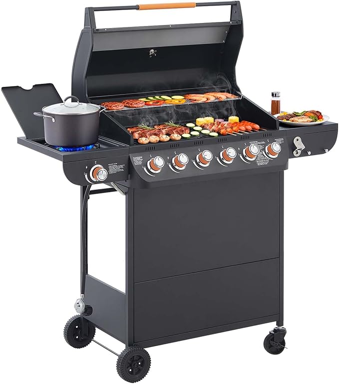 Unovivy Large 6-Burner Propane Gas Grill with Side Burner & Porcelain-Enameled Cast Iron Grates, BBQ Grills with Built-in Thermometer, 72,000 BTU Barbecue Grill, Oil Tray, Outdoor Patio Garden