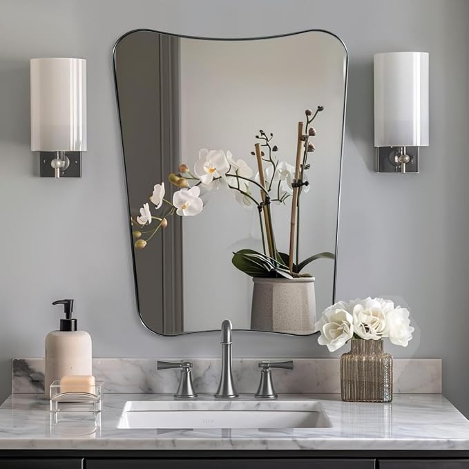 ANDY STAR Brushed Nickel Bathroom Mirror, 22x30 Silver Metal Framed Mirrors for Bathroom, Irregular Wall Mirror in Anti-Rust Stainless Steel Frame, Unique Shape Frame Ideal for Home Remodel