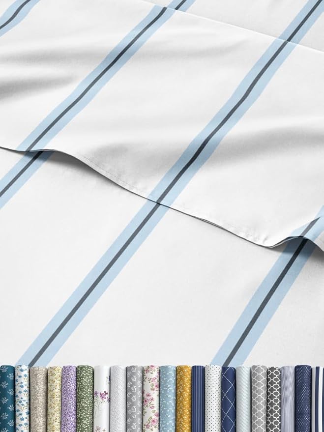 Striped Sheets - Blue & White Striped Sheets - 1 Flat & 1 Fitted & 2 Pillowcases w/ Deep Pockets – Wrinkle & Fade Free- Soft, Breathable and Cooling - Queen Size Bed Set – Luxury Pinstripe Bed Set
