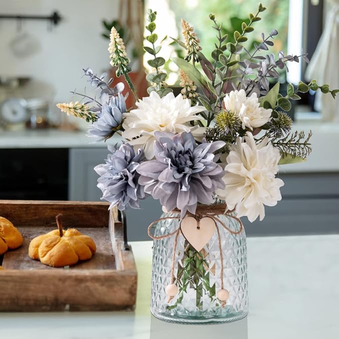 Silk Flowers in Vase, Artificial Flowers with Vase Fake Flowers Arrangement Faux Dahlia for Decoration Table Centerpiece (Dahlia)