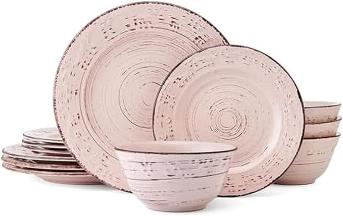 Pfaltzgraff Pink Trellis 12-Piece Dinnerware Set, Stoneware Plates and Bowls Sets for 4, Dishwasher and Microwave Safe, Rustic Garden-Inspired Design