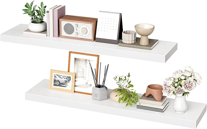 HOOBRO Floating Shelves for Wall, Wall Mounted Shelf Set of 2, 31.5" Hanging Shelf with Invisible Brackets, for Wall Decor Storage in Bathroom Bedroom Kitchen Living Room Office, White WT80BJP201