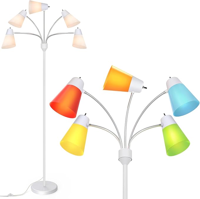 FOLKSMATE Floor Lamp, Medusa Multi Head Modern Tall Standing Light Fixture, Rustic Adjustable LED Reading Light for Living Room, Bedroom, Kids 5 White & Colored Lamp Shades, White
