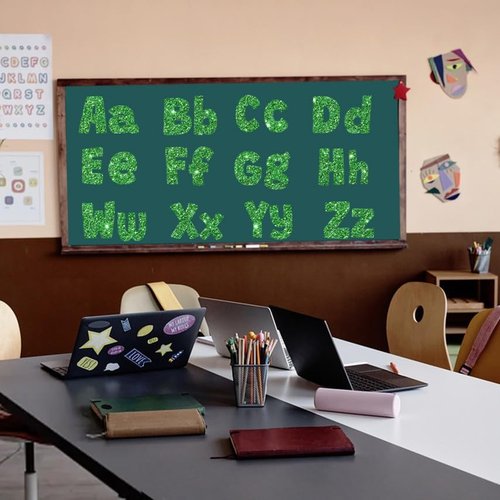 Glitter Bulletin Board Letters by [Brand Name] - 225 Pcs 4-Inch Alphabet & Punctuation Cutouts for Classroom Decor (Green)