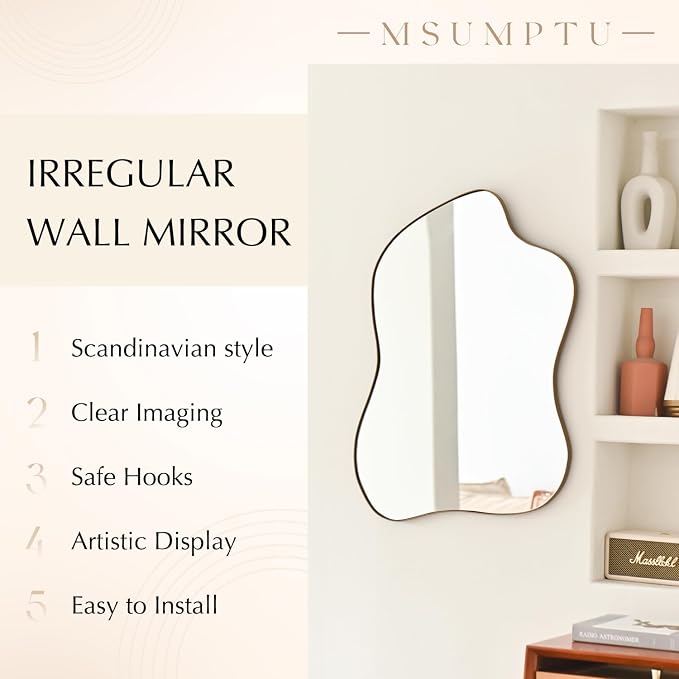 Irregular Wall Mirror Brass Wave Shaped Metal Framed Wall Mirror for Bathroom Bedroom Entryway Living Room Wall Decor 24" L x 18" W 2305G