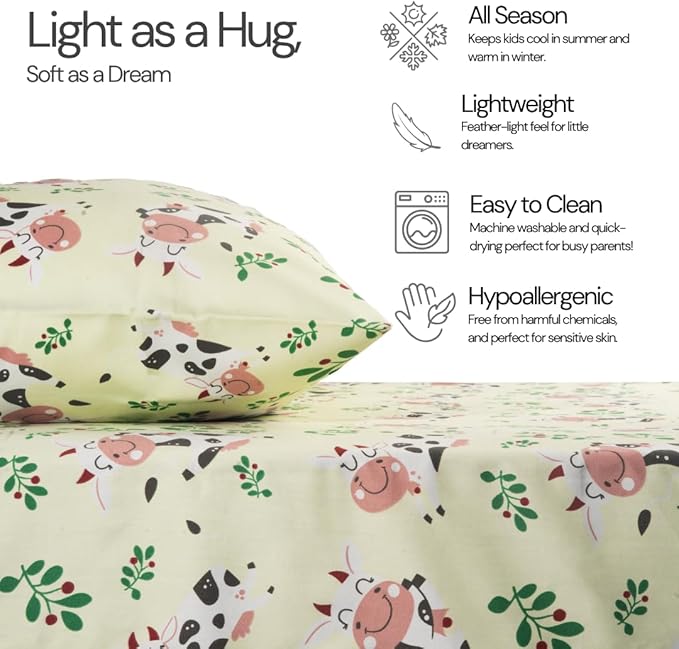 Salt Earth 100% Cotton 210TC Kids Bedsheet, Twin Fitted Sheet Toddler Bed, 2 Piece Bedding Set - 1 Fitted Sheet and 1 Pillowcase, Themed Toddler Bed Sheets, Cute Sheets for Kids Bed (Cow)