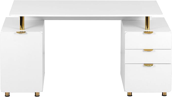 Elegant 56.75" W Executive Desk with 3 Drawers and Storage Cabinet, Modern Office Desk with Gold Accents, Floating Work Surface, Closed Storage with Ventilation & Adjustable Shelf (White,Gold)