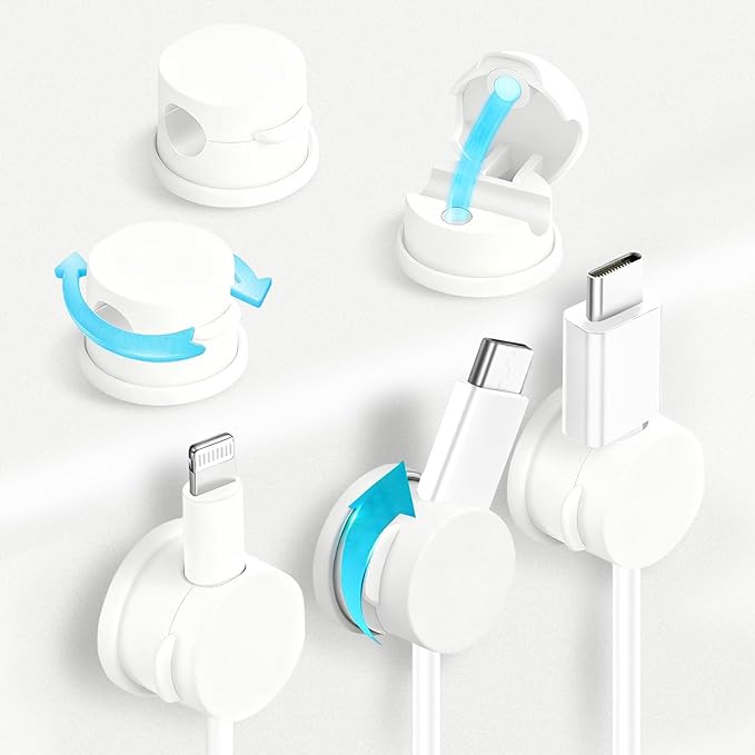 6pcs Magnetic Cable Clips, 360° Swiveling Adhesive Cable Organizer - Compact Cable Holder for Desk, Nightstand, Car, Kitchen & Home Office - Charger Cord Holder Solution by MarLigavid (White)