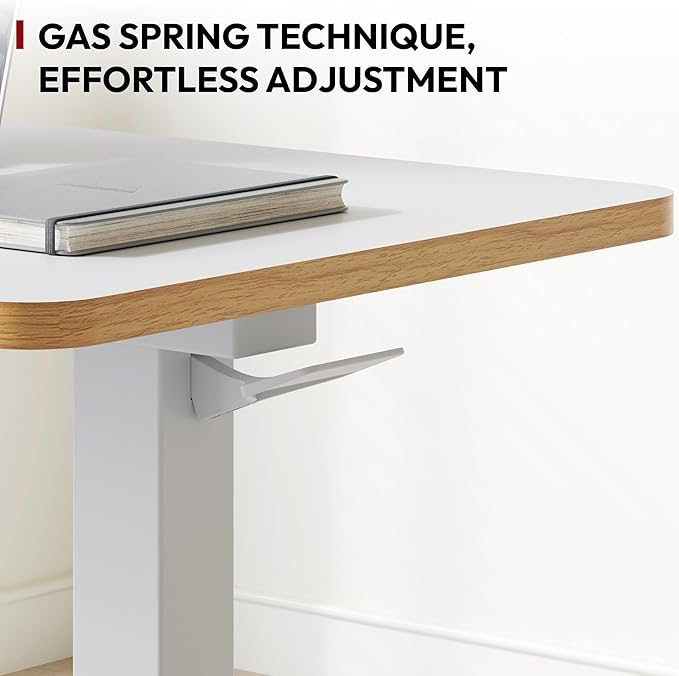 SANODESK Mobile Standing Desk with Hidden Wheels,Pneumatic Laptop Desk Rolling Computer Cart Movable Height Adjustable Small Sit Stand Desk for Home Office(27.6" W x 15.7" D, White+Maple Band)