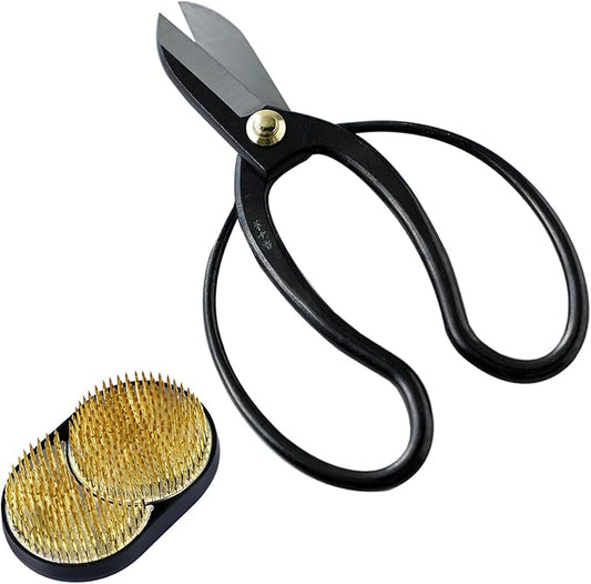 Wazakura Made in Japan Ikebana Tool Kit - Koryu Scissors + Sun and Moon Kenzan Flower Holder, Japanese Floral Arrangement, Florist Shears and Pin Frog Gift Box Set