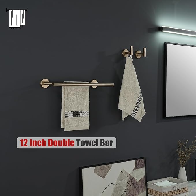 JQK Double Towel Bar Champagne Bronze, 15 Inch 304 Stainless Steel Thicken 0.8mm Towel Rack Holder for Bathroom Washcloths and Hand Towels Wall Mount, Useable Length 12 Inch, TB100L12-CB