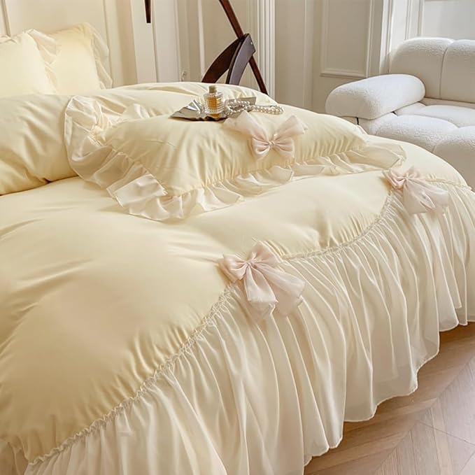 Chic Lace Bedding,Girls Twin Aesthetic Comforter Cover Set,Romantic French Princess Style Ruffled Duvet Cover with Lovely Bow with Zipper Closure-Yellow,Twin Size
