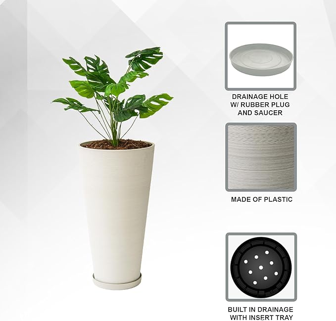 XBrand Modern 28-Inch Tall Round Planter, Modern Tapered Planter Perfect for Indoor & Outdoor Planter, Patio Décor, White