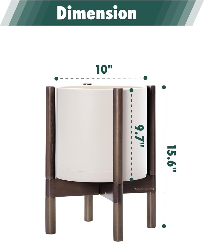 D'vine Dev Planter Pot with Stand - 10 Inch Plastic Cylinder Flower Pot with Wood Planter Holder for Indoor, Oatmeal Pot + Walnut Color Stand, 55-C-L-4