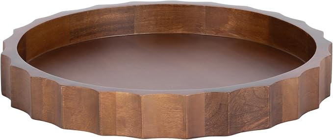 Kate and Laurel Lissi Decorative Round Tray with Wavy Design; 15 Inch Diameter; Walnut Brown; Mid-Century Modern Scalloped Circle Serving Tray for Coffee Table; Ottoman; or Entryway Decor
