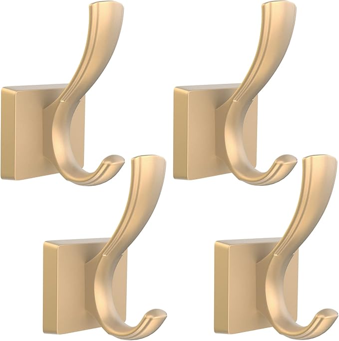 TOFIIGREM Gold Hooks for Wall, Heavy Duty Thick Aluminum Alloy Entry Coat Hooks for Hanging Key Robe Hat Backpack, Wall Mount Holder Bathroom Kitchen Garage(4 Pack, Gold)