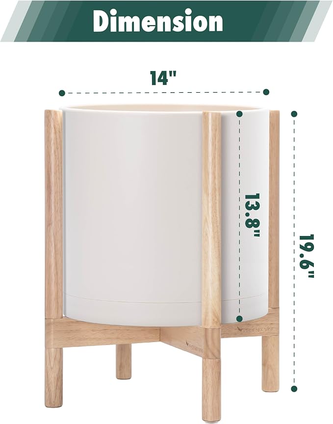 D'vine Dev Planter Pot with Stand - 14 Inch Plastic Cylinder Flower Pot with Wood Planter Holder for Indoor, Oatmeal Pot + Natural Stand, 55-C-S-4