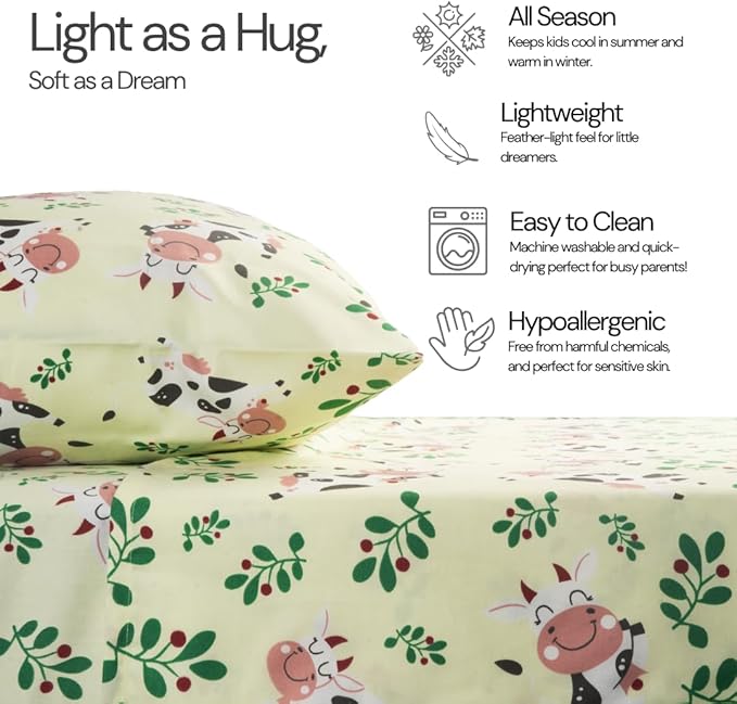 Salt Earth 100% Cotton 210TC Kids Bedsheet, Twin Sheets Set for Toddler Bed, 3 Piece Bedding Set Including Flat Sheet, Fitted Sheet, and Pillowcase, Themed Sheets for a Playful Kids Bed (Cow)