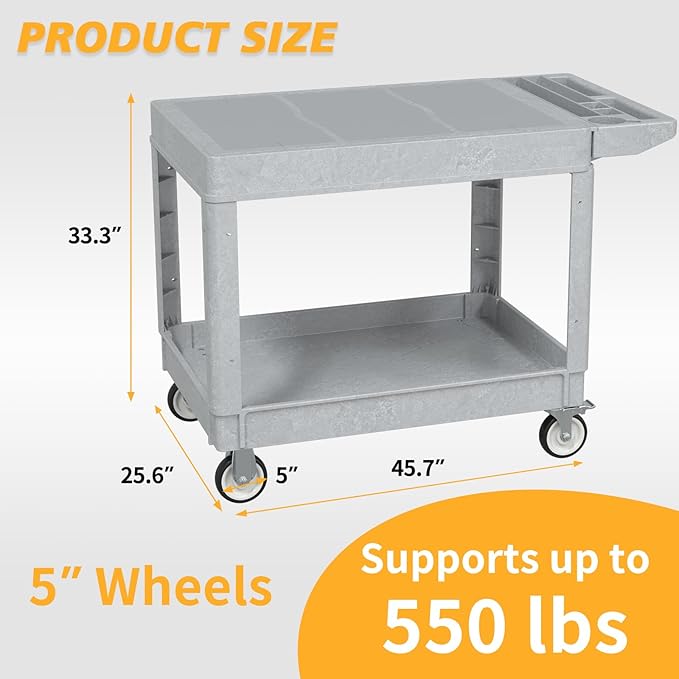 Utility Cart on Wheels, 2 Shelf Heavy Duty Large Flat Top Rolling Cart, 550LBS Capacity Service Cart for Warehouse, Garage, School, Kitchens, Office(Gray, 45.7)