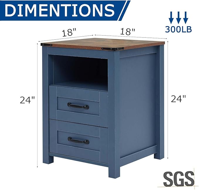 Farmhouse Night Stand Set of 2, Rustic Blue Nightstand for Bedroom, End Tables Without Charging Station, Bedside Table with Drawers, Wood Bedside Cabinet Dresser
