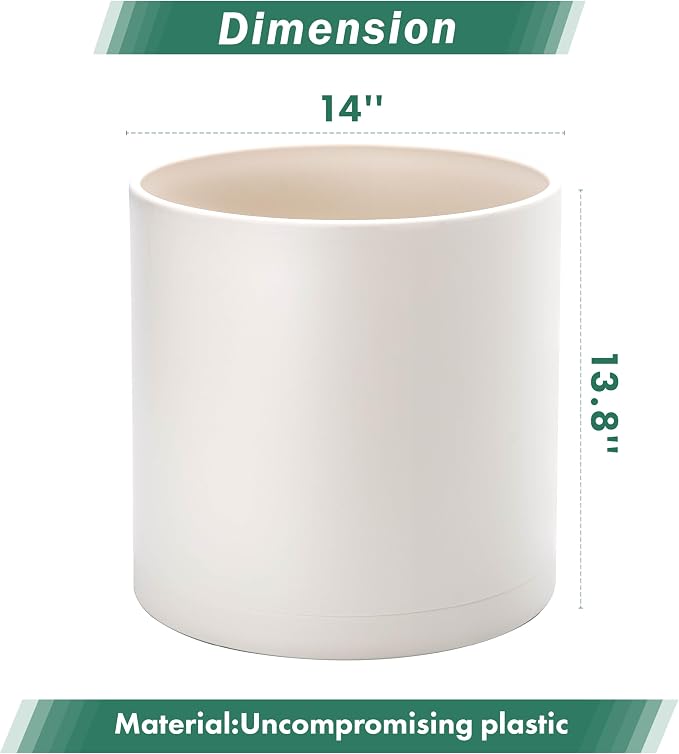D'vine Dev 14 Inch Plastic Planter Pots for Plant Pot with Drainage Hole and Seamless Saucers, Oatmeal, 74-X-H-4