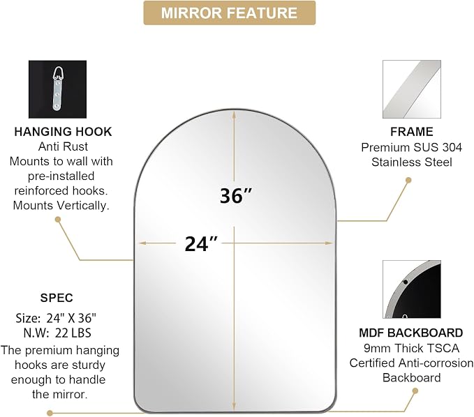 ANDY STAR Arched Mirror, 24 x 36 Inch Polished Chrome Bathroom Mirror with Stainless Steel Metal Frame, Arch Top Rounded Corner 1 Inch Deep Set Design Wall Mount Hangs Vertical