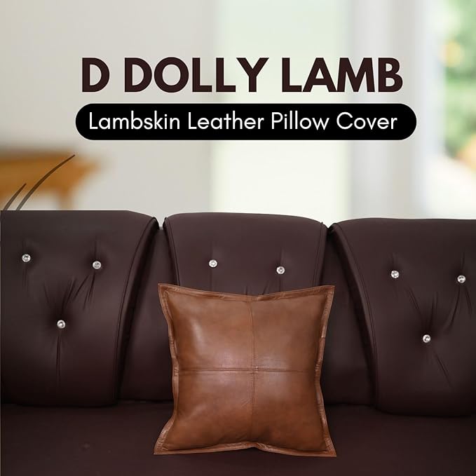 D DOLLY LAMB Lambskin Leather Pillow Cover - Sofa Cushion Case - Decorative Throw Covers for Living Room & Bedroom, 18x18 Inches - Dark Antique Brown Box