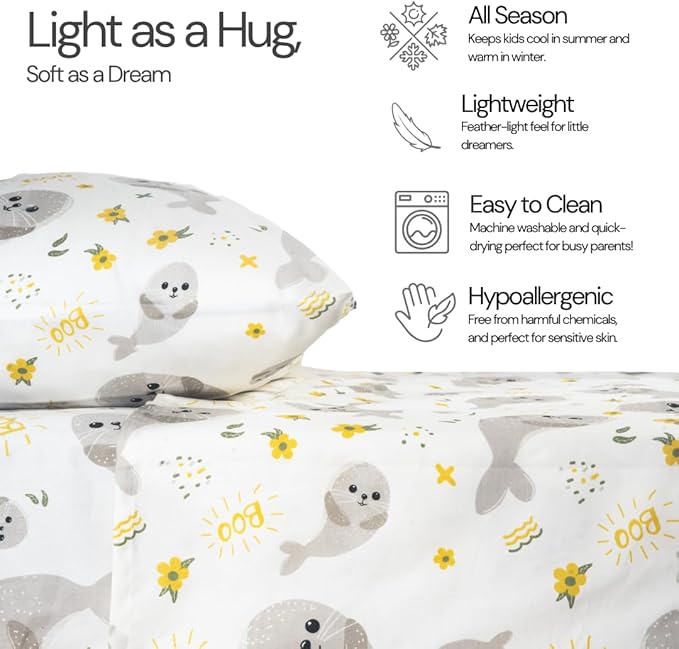 Salt Earth 100% Cotton 210TC Kids Bedsheet, Twin Sheets Set for Toddler Bed, 3 Piece Bedding Set Including Flat Sheet, Fitted Sheet, and Pillowcase, Themed Sheets for a Playful Kids Bed (Seal)