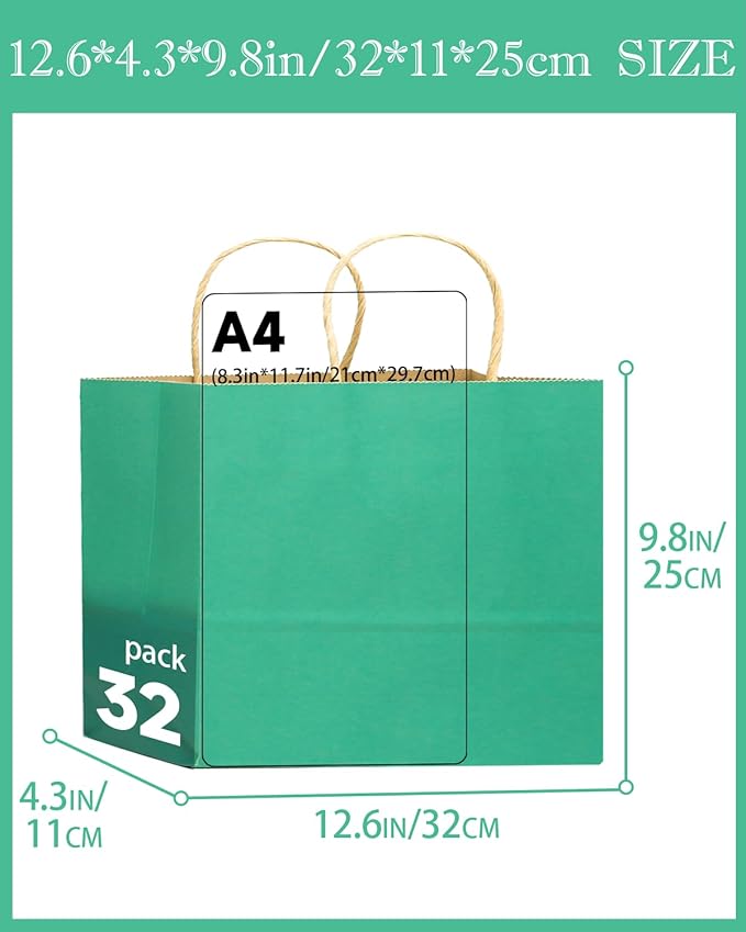 qiqee 13"x4.5"x10" Large Gift Bag with Handles Bulk 32PCS Gift Paper Bags Mint Green Bags Multiple Uses (Wide Large)