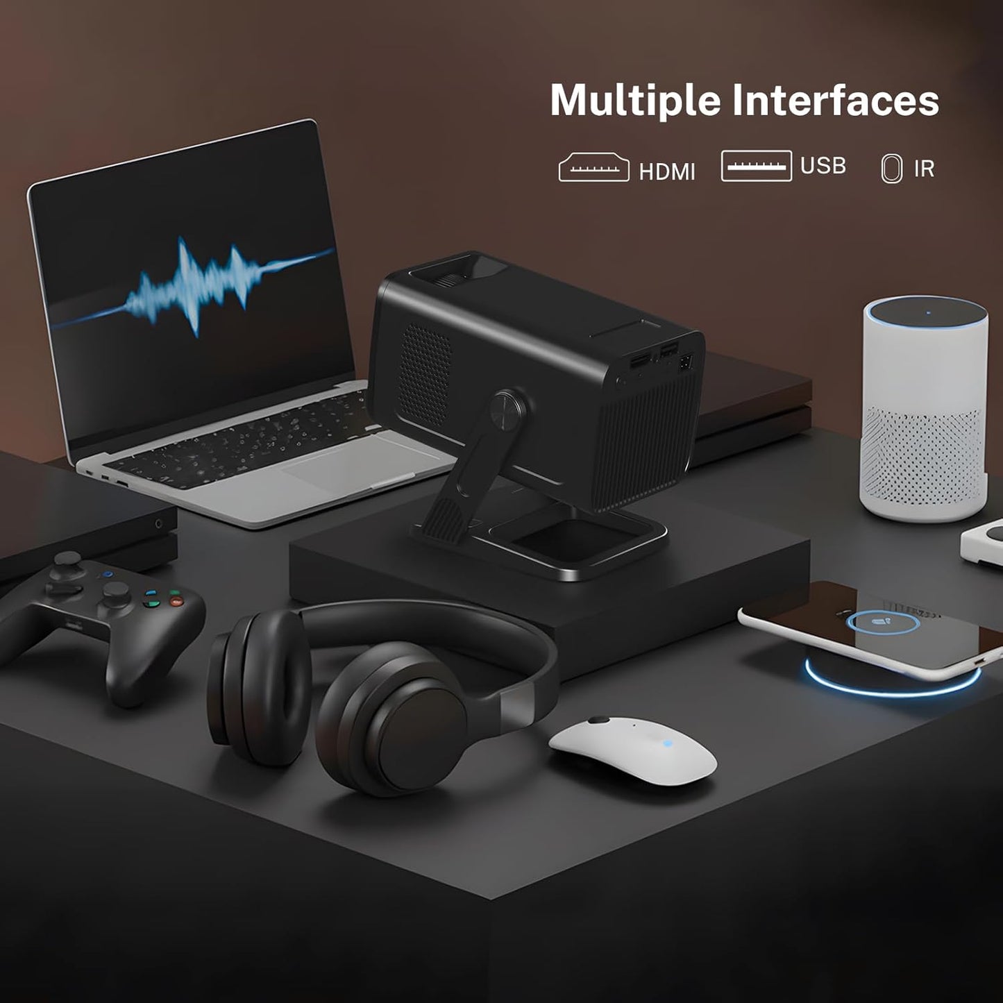 VisualCube Mini Projector - 1080P 4K WiFi 6 & Bluetooth 5.4 | Portable Outdoor Projector, Black