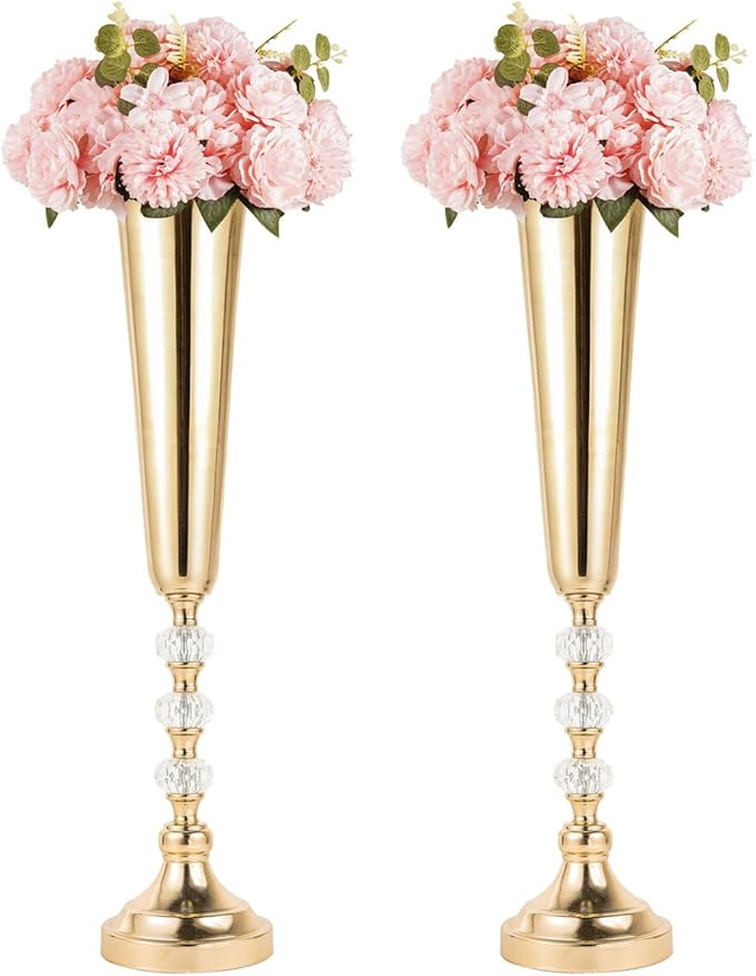 Tabletop Metal Vase Set of 2, Decorative Gold Vases for Centerpieces, Trumpet Vases for Flowers, Tall Table Flower Arrangements for Anniversary Birthday Party Wedding Home Decor (Gold- 2pcs)