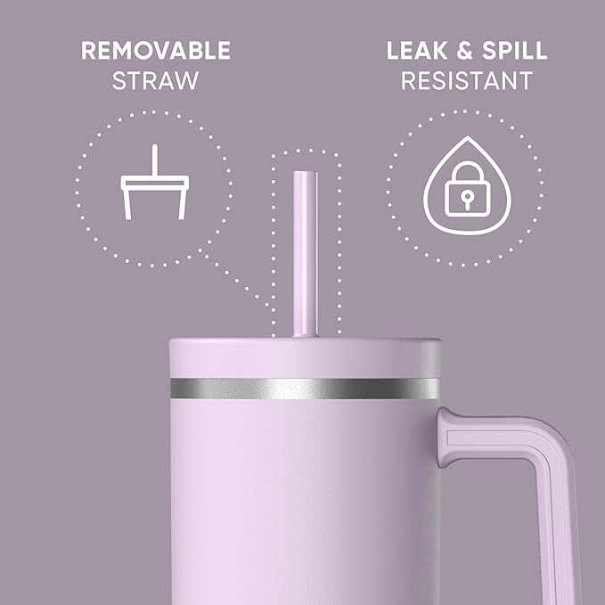 Hydrapeak Voyager 40 Oz Stainless Steel Tumbler with Handle, Insulated Water Bottle With Straw & Lid, Cupholder Friendly Reusable Travel Mug (Blush)