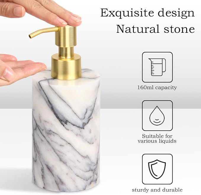Natural Marble Soap Dispenser for Bathroom and Kitchen Countertop - 5.41 Ounces Hand Lotion and Liquid Stone Shampoo Laundry Bottle with Pump (1, Lilac, Cylindrical Bottle)