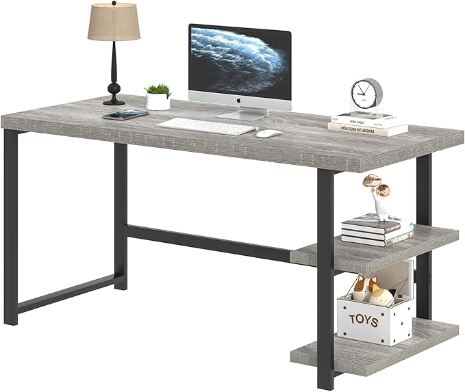 FOLUBAN 47 Inch Home Office Desk, Modern Computer Desk with Storage Shelves, Small Study Writing Gaming Table Workstation for Living Room Bedroom, Industrial Light Grey